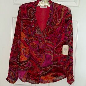 Coldwater Creek Shirt Magenta Print Vivid Paisley Ruffel Size Petite Medium NWT